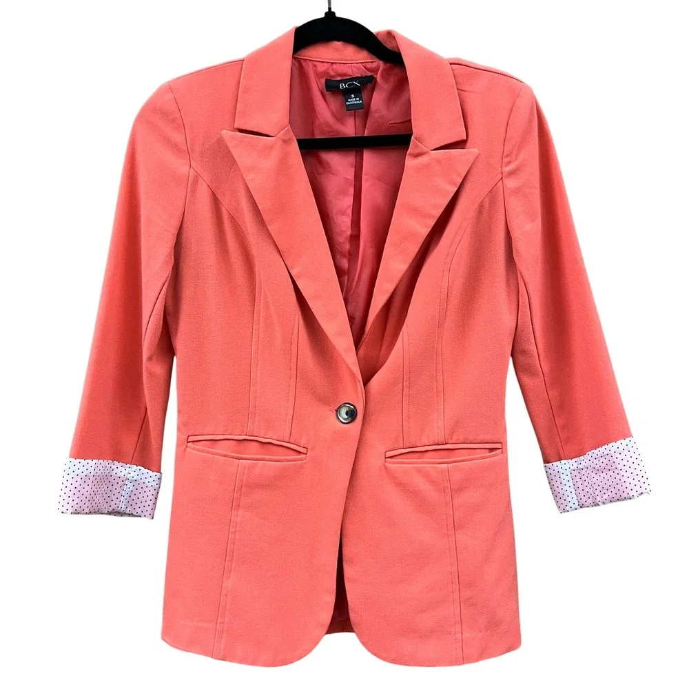 BCX Womens Coral 3/4 Sleeve‎ Single Button Blazer Polka Dot Cuffs S Chic Preppy